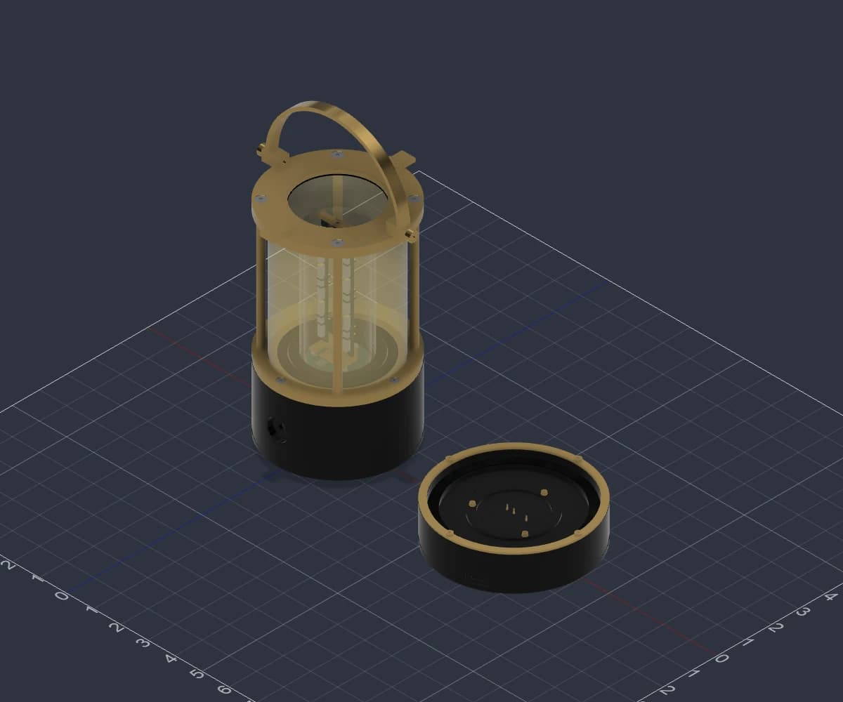 Earlier CAD study of the lantern's brass carrying cage, glass envelope, black housing, and circular docking base