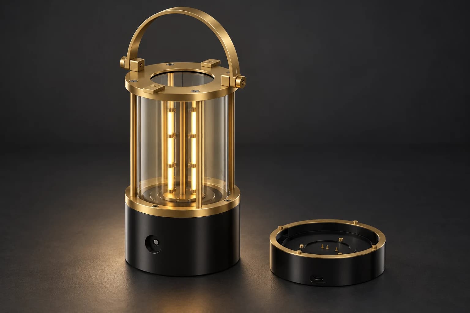 Concept rendering of the brass Escapement Lantern, warm LED filaments, black lower housing, and separate circular charging dock