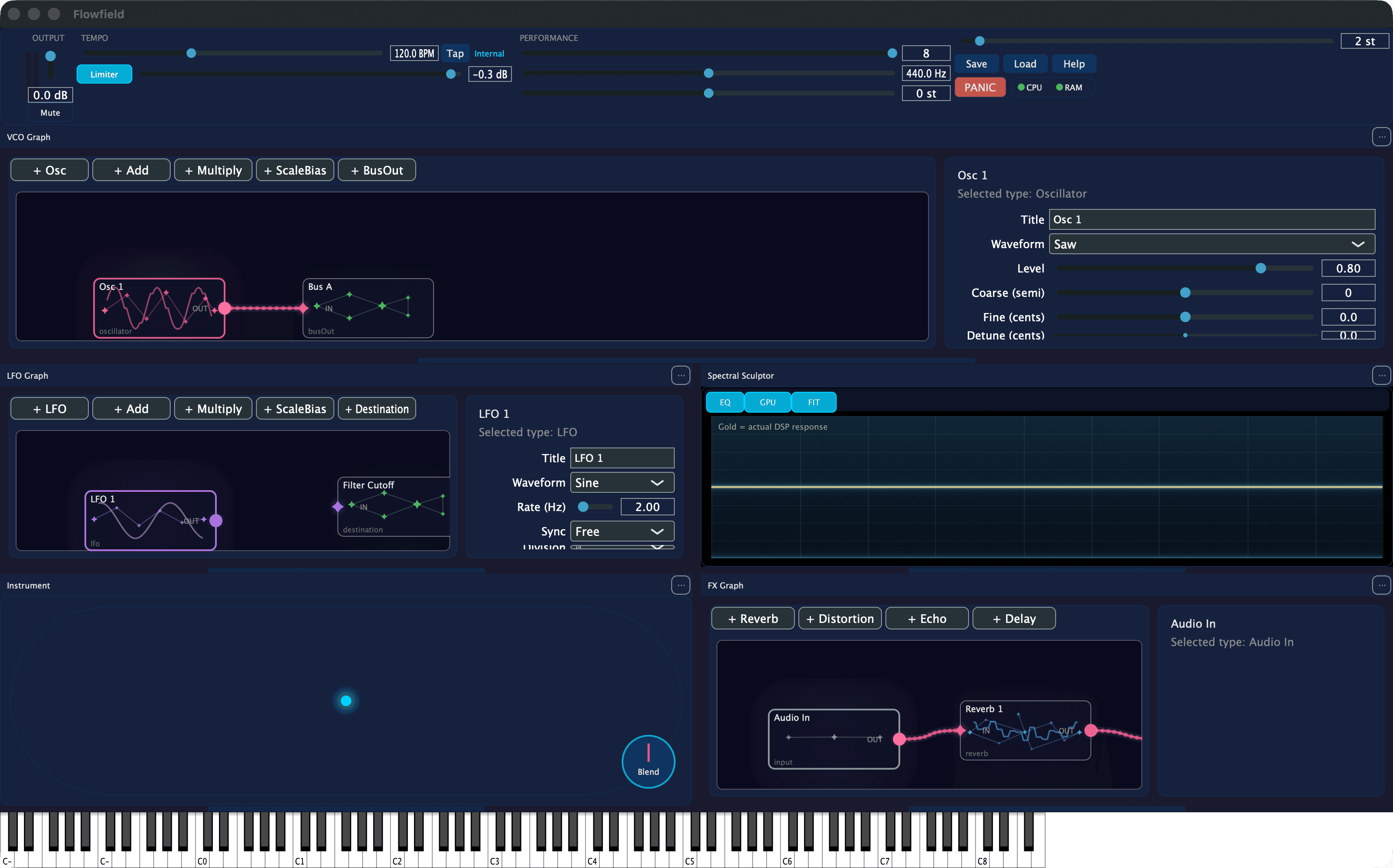 Flowfield oscillator and modulation nodes