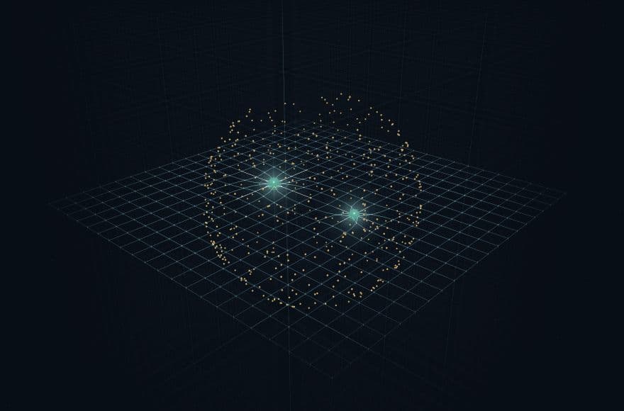 SpaceTime prototype showing a teal lattice warped around two luminous masses with a shell of gold tracer particles