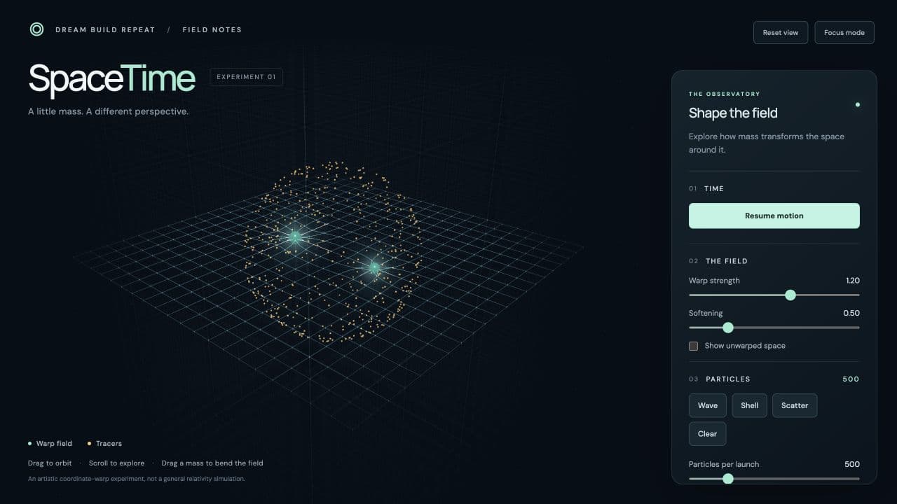 SpaceTime browser prototype with a teal warped lattice, two glowing masses, gold particles, and controls for motion and the field