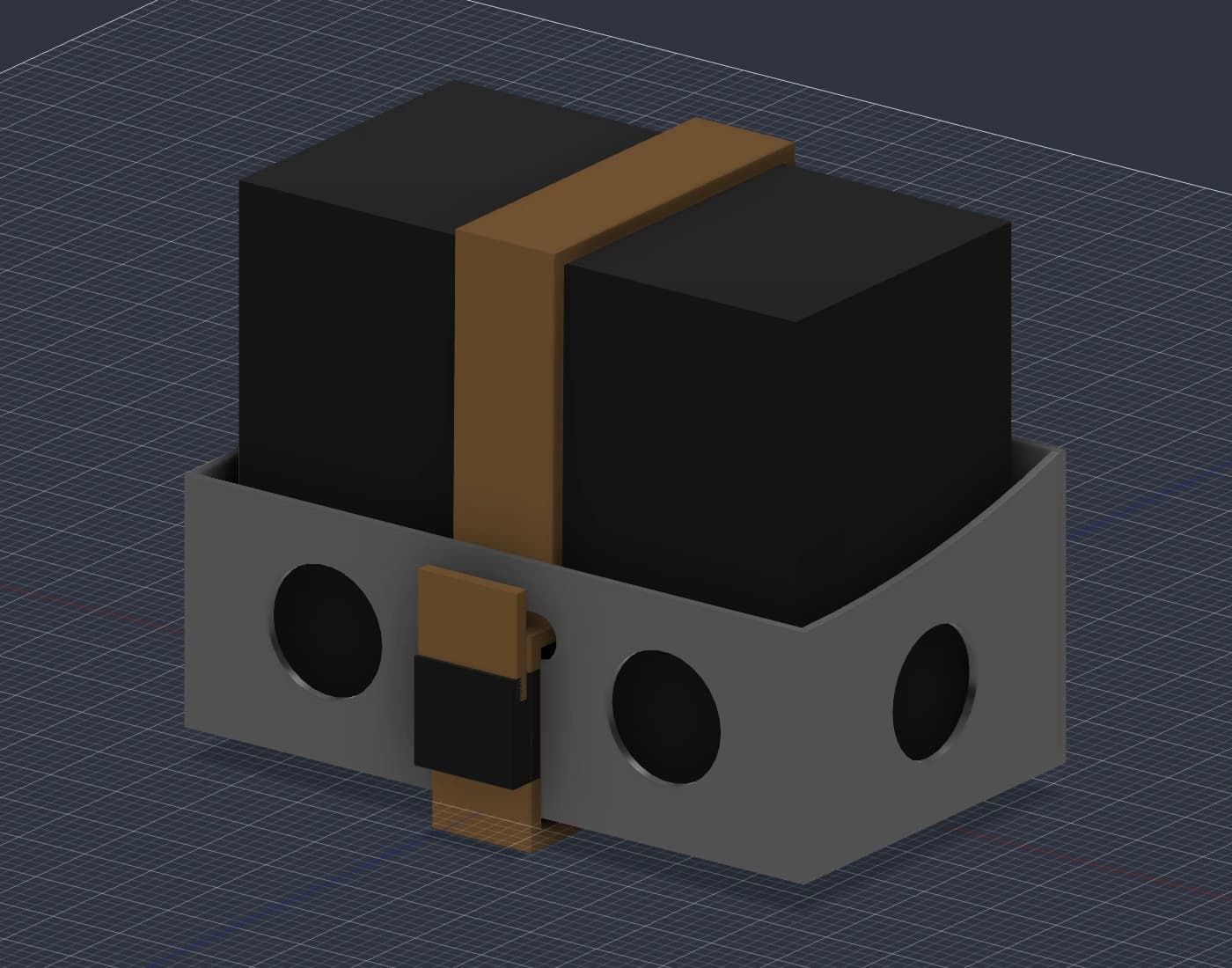Actual Fusion model of the five-panel cradle with curved sides, a flat-top battery envelope and retaining strap