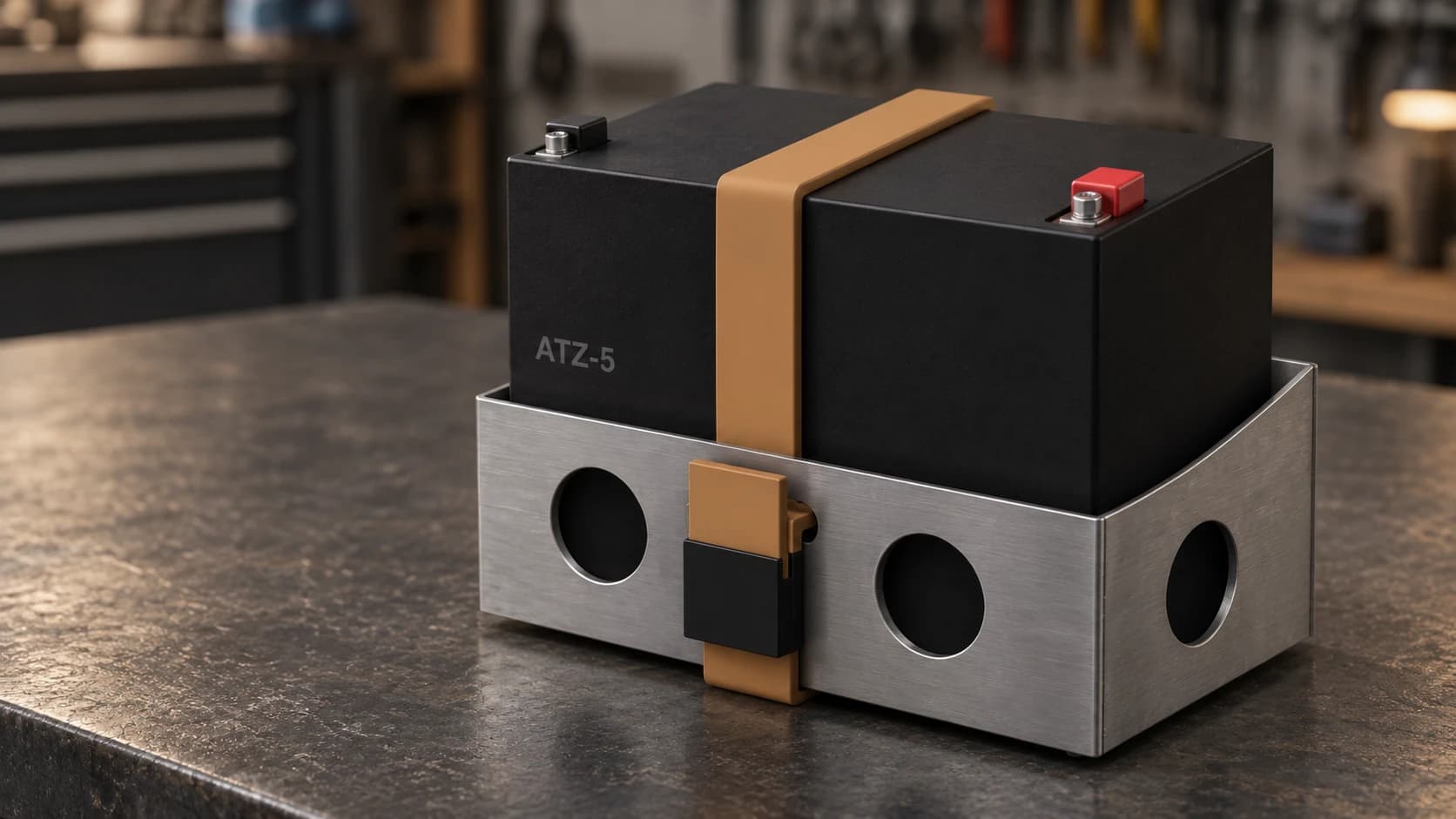 TW200 battery cradle with a flat-top battery and tan strap in a concept rendering